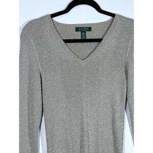 Ralph Lauren V-Neck Winter Preppy Long Sleeve Sweater Metallic Women SizeP/Large